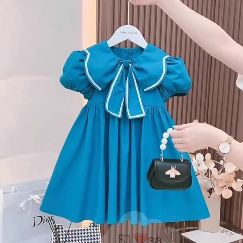 Váy bé gái Xanh dương nơ cổ viền trắng XHN988