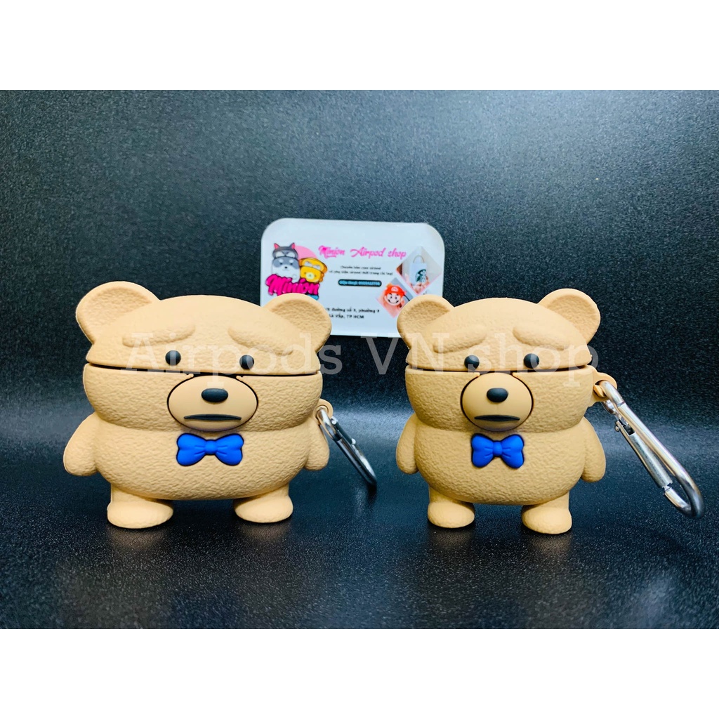 Ốp case Airpods 1/2, Airpods Pro gấu kute cột nơ xanh silicon cao cấp
