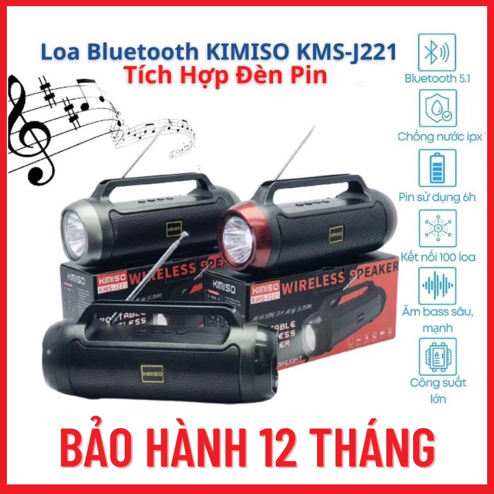 Loa Bluetooth-Loa Bluetooth KMS-J221 Kèm Đèn Pin-Âm Bass To-Âm Thanh Vòm 5D-Bảo Hành 12 Tháng