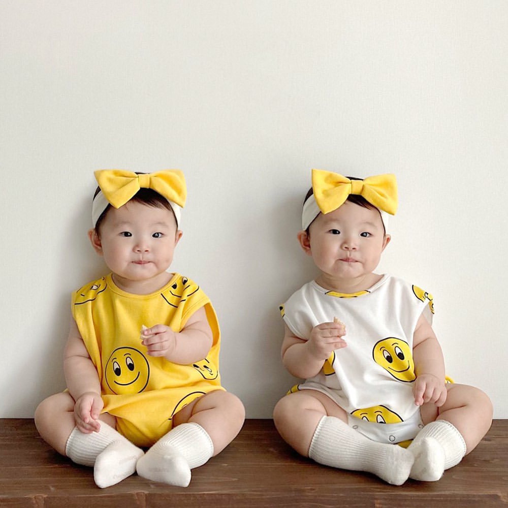 Bộ Áo Liền Quần Sát Nách In Hình Mặt Cười + Băng Đô Đáng Yêu Cho Bé Sơ Sinh