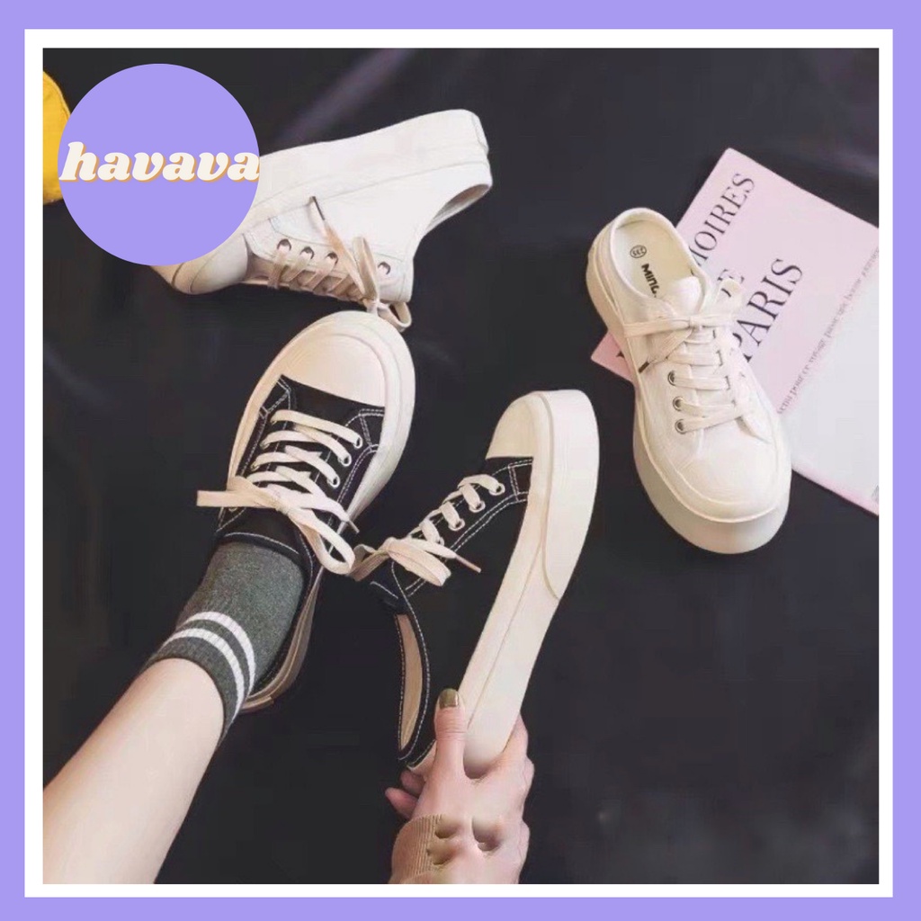 Giày sục nữ thể thao sneaker đi học đẹp trắng đen đế cao mũi tròn big size HAVAVA S002