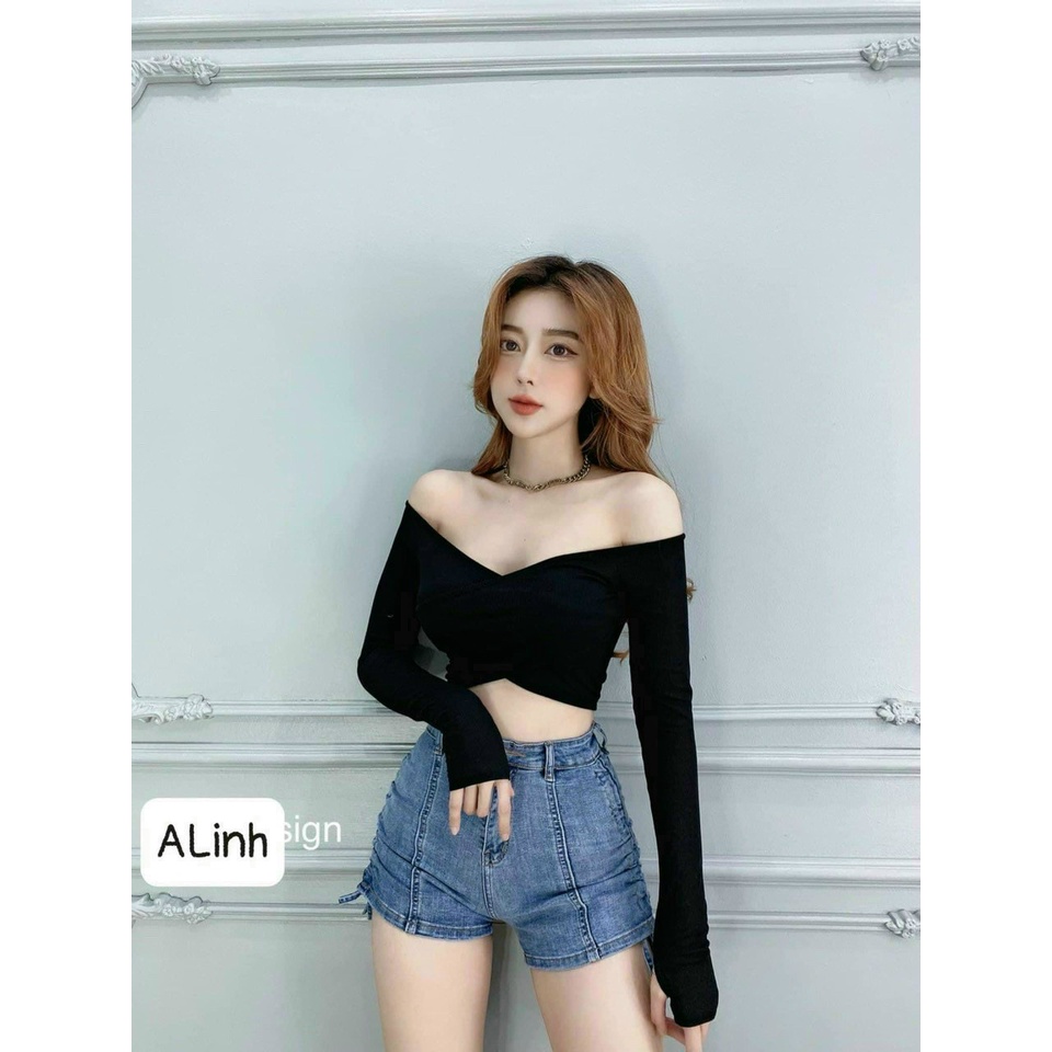 Áo Croptop Tay Dài Đắp Chéo Trễ Vai Ôm, thun borip xịn ạ ☺️☺️☺️Ng
