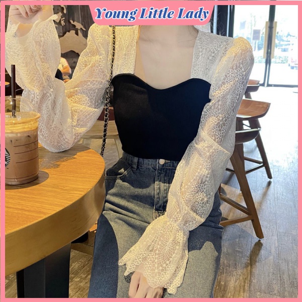 Áo Nữ Cổ Vuông Phối Ren Phong Cách Mùa Thu Pháp Mới