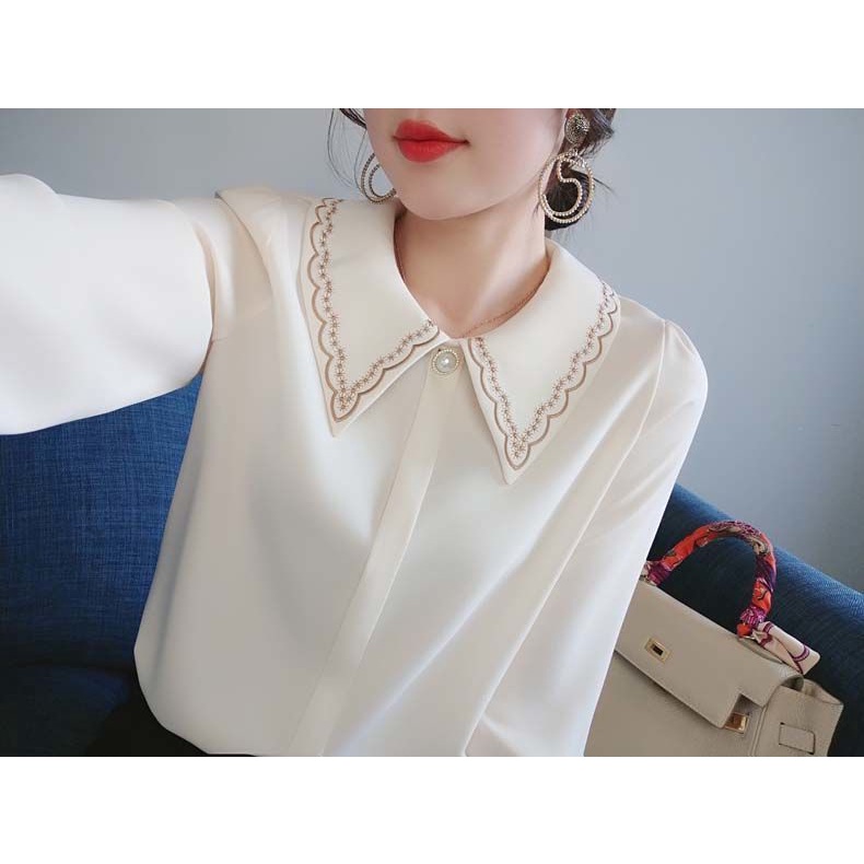 Áo sơ mi voan tay dài thêu họa tiết thời trang dành cho nữ