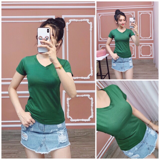 Áo trơn cổ tim thun thái form ôm siêu đẹp chụp thật | BigBuy360 - bigbuy360.vn