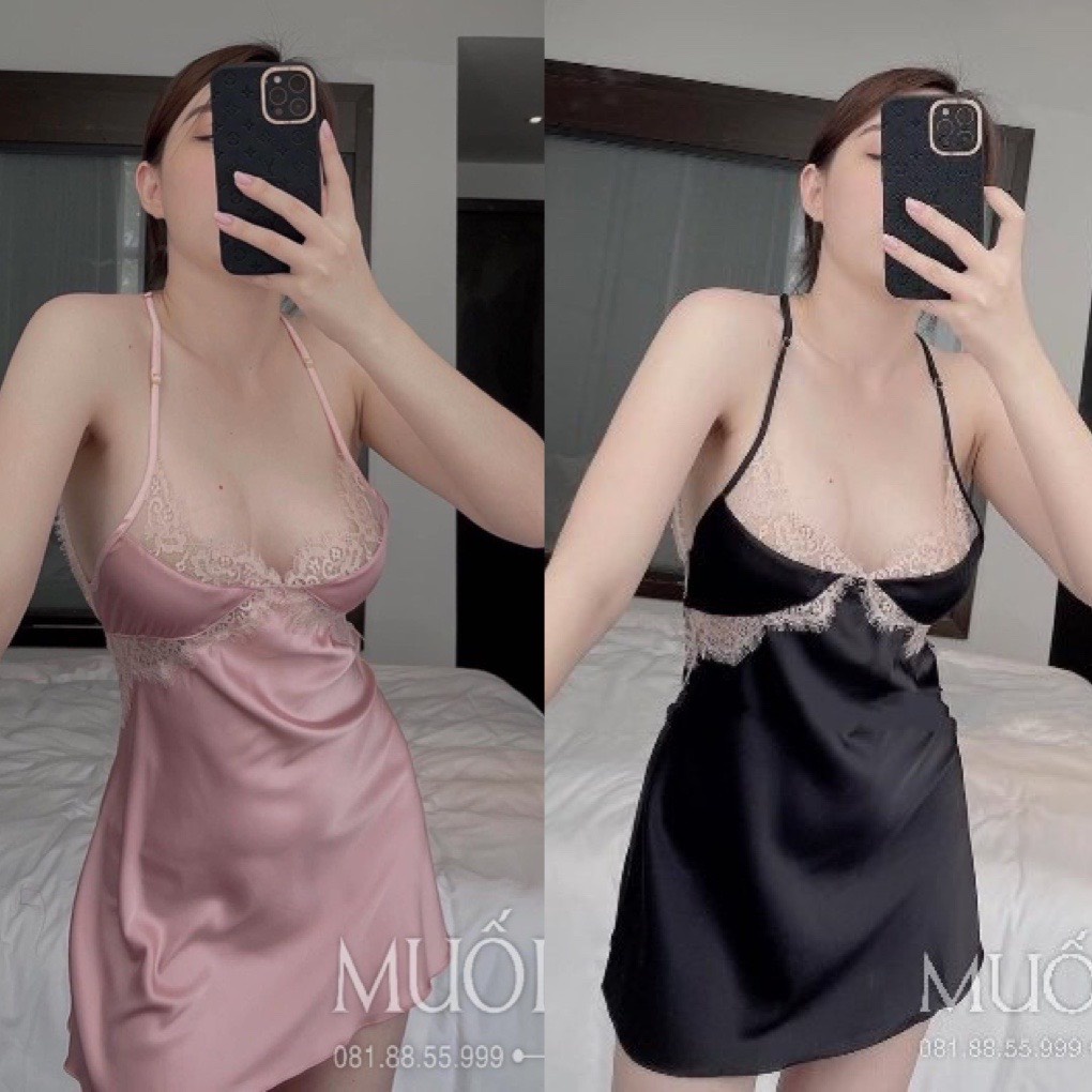 Váy ngủ lụa sexy phối ren nơ lưng ❤️FREESHIP❤️ Đầm mặc nhà gợi cảm  QUẢNG CHÂU Muối store sx 57( video- ảnh)