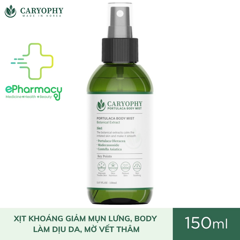 Xịt Giảm Mụn Lưng Caryophy Portulaca Body Mist giảm mụn, mờ thâm, sáng da toàn thân 150ml