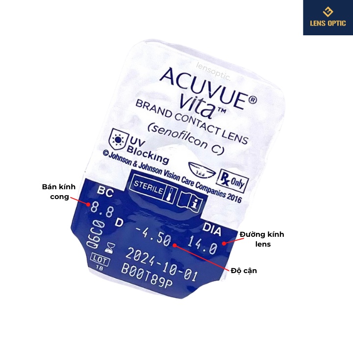 Kính áp tròng Acuvue Vita 1 Month 6 lenses, lens trong suốt dùng 1 tháng có độ cận - Lens Optic