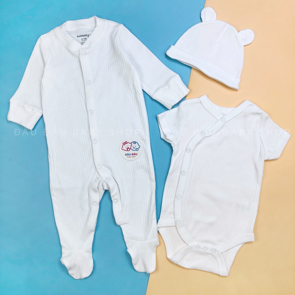 Set quà tặng sơ sinh Sunnozy, set body cotton trắng đồng bộ kèm mũ cho bé 0-6m