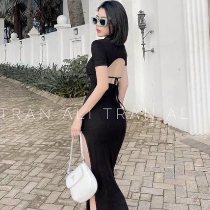 đầm body cổ bẻ thun gân đan dây lưng kèm mút