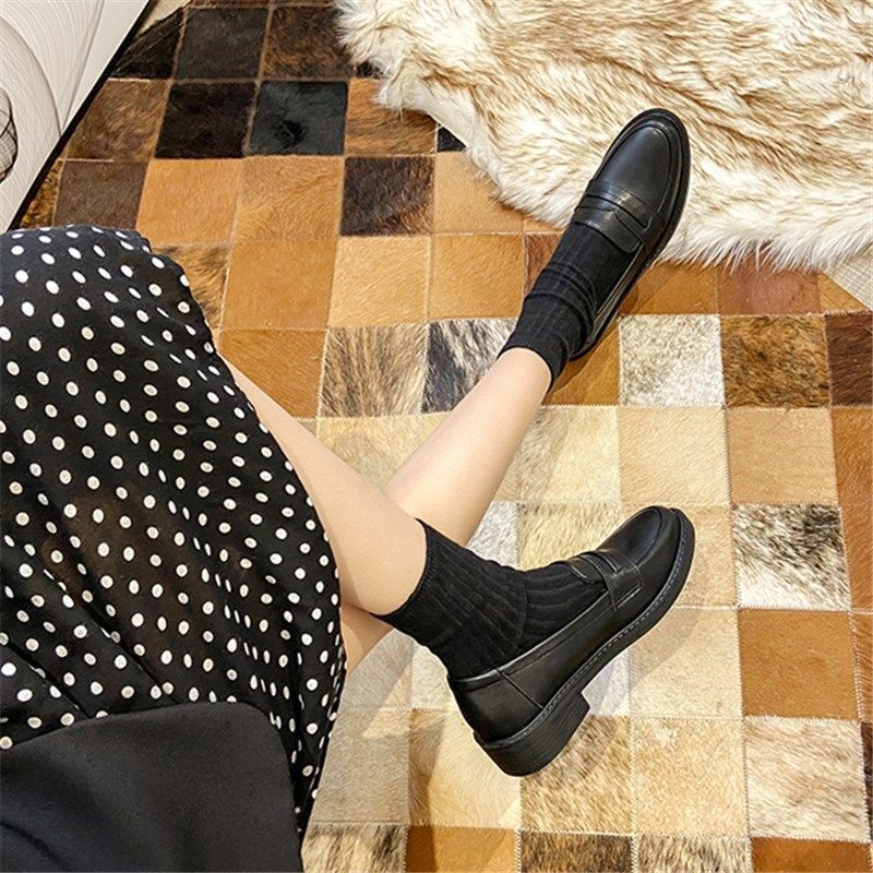 Giày Lười Lót Nhung Màu Đen Phong Cách Retro Anh Quốc Cho Nữ 2021