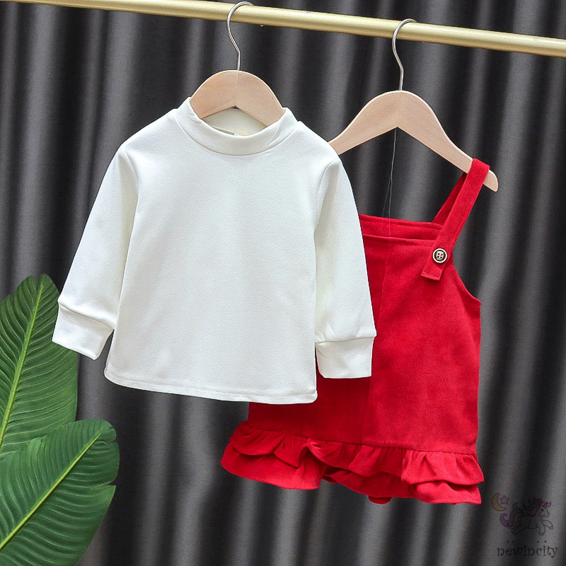 Set Áo Thun Tay Dài &amp; Đầm Yếm Màu Trơn Đáng Yêu Cho Bé Gái