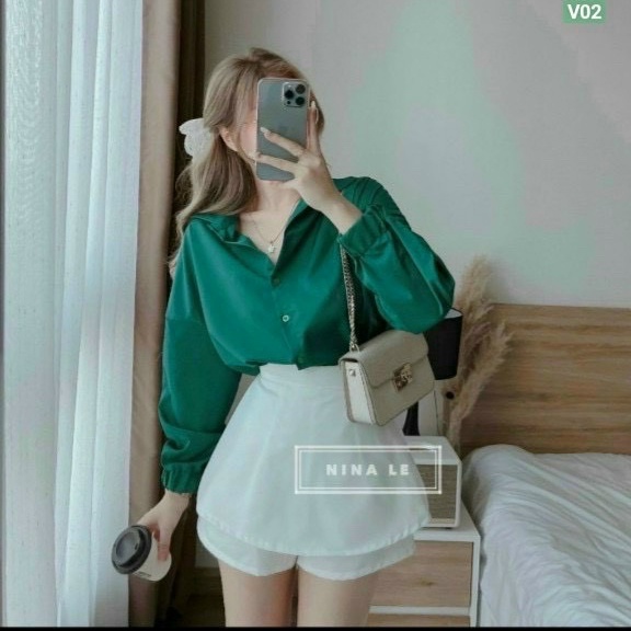 Set bộ áo so mi tay kiểu kèm quần váy thời trang có túi