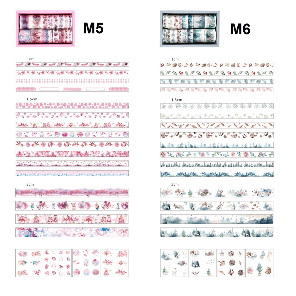 HỘP 16 WASHI TAPE + 8 TẤM STICKER TRANG TRÍ SCRAPBOOK, PLANNER