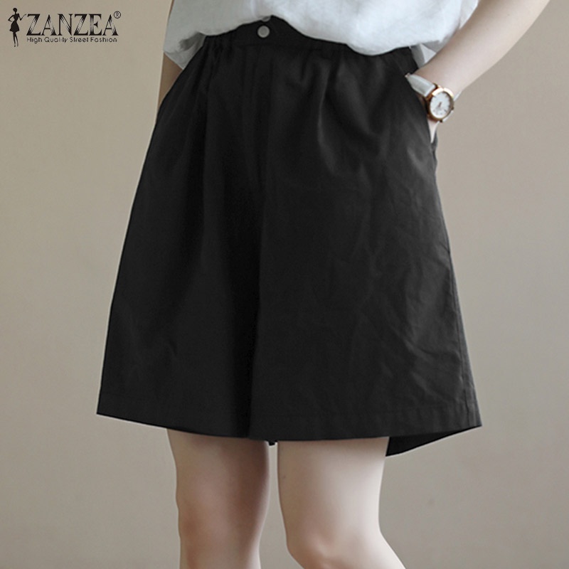 Quần đùi ZANZEA ống rộng lưng thun màu trơn đơn giản phong cách Hàn Quốc cho nữ