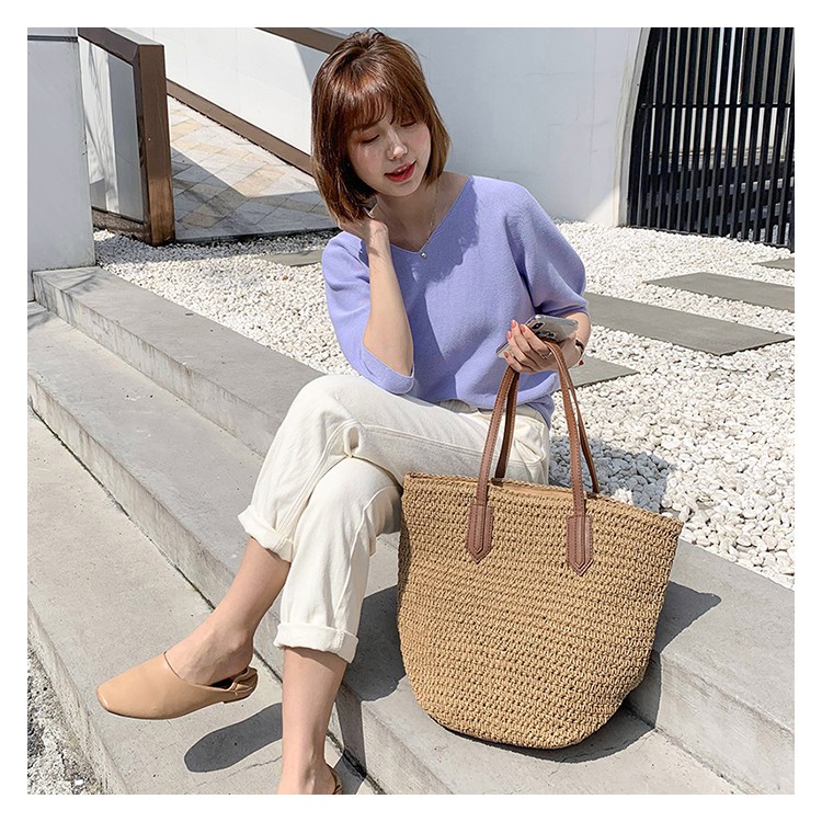 Túi cói phối dây da khổ lớn vintage đan thủ công Ecobabo