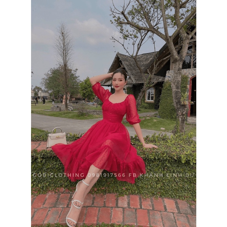 (Mẫu Mới) Đầm Voan Hột Cổ Trò Rộng Dáng Xòe UP Valentina Shop