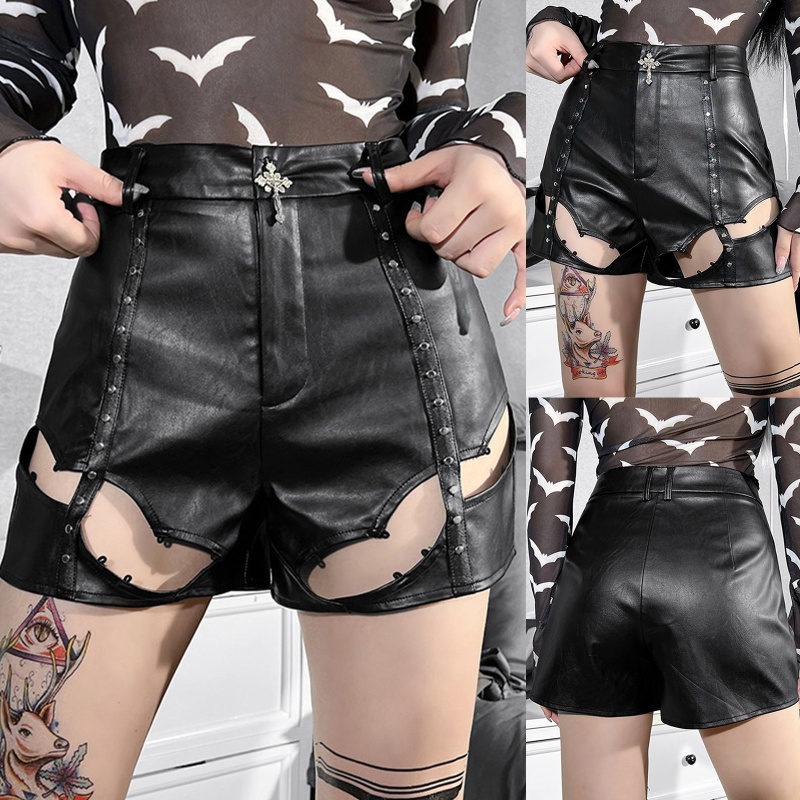 Quần Short Da PU Lưng Cao Phong Cách Gothic