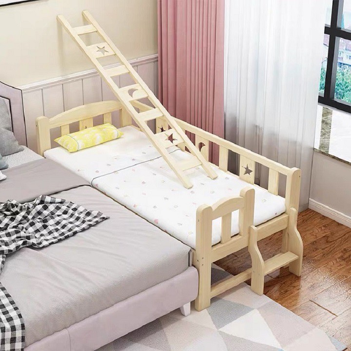 Giường Trẻ Em, Giường Ghép Bố Mẹ Có Thang, Quây 4 Mặt 150*70*40cm Có Thanh Chắn , Gỗ Thông Cao cấp