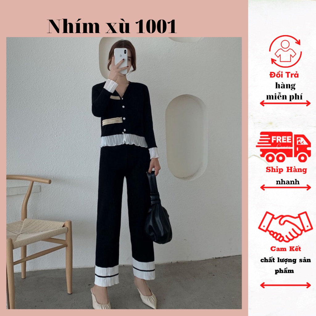 sét bộ len tăm nữ dài tay hàn quốc, bộ đồ len giữ nhiệt nữ sang chảnh cổ V