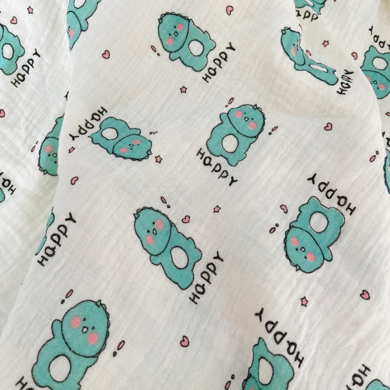 vải xô muslin 2 lớp khủng long happy may đồ bộ dài tay cho bé