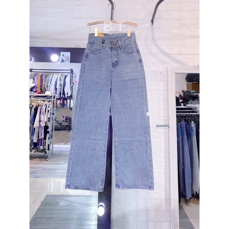 Quần Jeans Ống Rộng🌸 Quần Bò Nữ Ống Rộng Cạp Cao Trơn Basic 6 Khuy