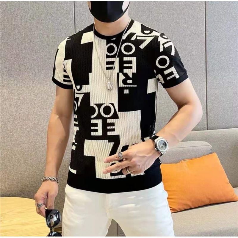 Áo Thun Tay Ngắn Dáng Ôm Vải Lụa Lạnh Phối Lưới Thoáng Khí Kiểu Hàn Quốc Cá Tính Cho Nam