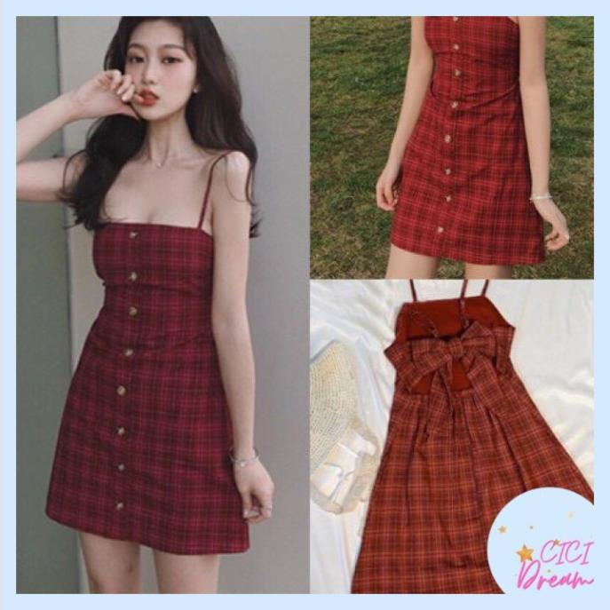 Đầm Xòe 2 Dây Kẻ Caro Đỏ Dáng Chữ A Hở Lưng Buộc Nơ, váy 2 dây kẻ đỏ nơ lưng ulzzang dáng ngắn BODY chữ A  ྇