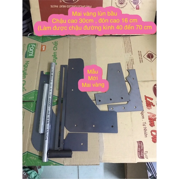 Khuôn mai vàng lùn: chậu cao 30, đôn cao 16 cm, đường kính chậu tăng to nhỏ 40cm đến 70cm