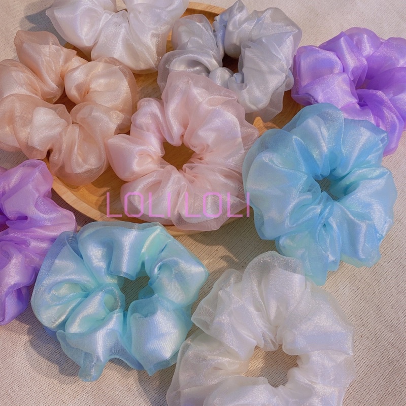 Scrunchies cột tóc voan kính hai lớp óng ánh phong cách Hàn quốc