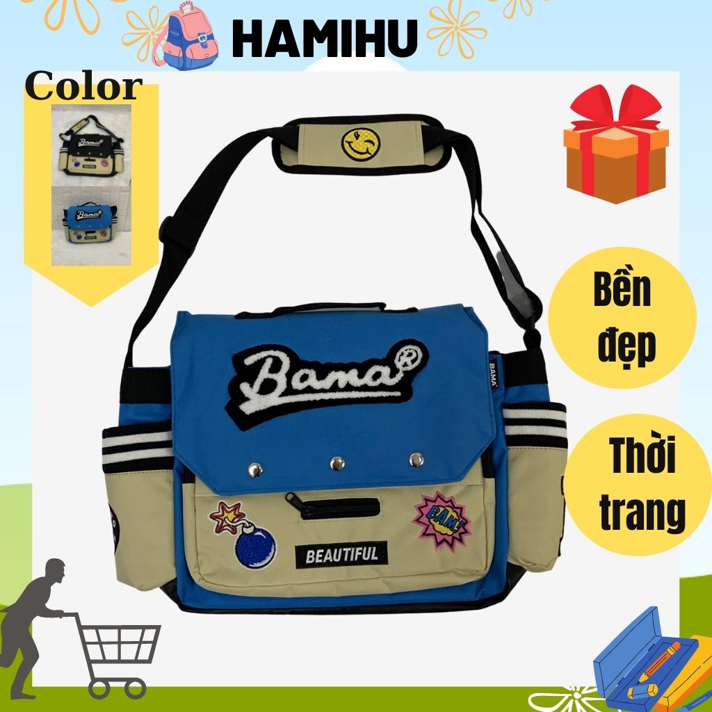 Túi đeo chéo có thêu chữ BAMA, Túi đeo chéo đi học Hamihu HM11 có đường may chắc chắn, túi có 2 màu xanh và đen