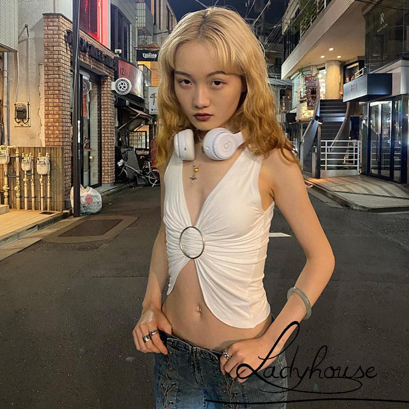 Áo Sát Nách Cổ Chữ V Hở Rốn Xếp Ly Màu Trơn Thời Trang Cho Nữ