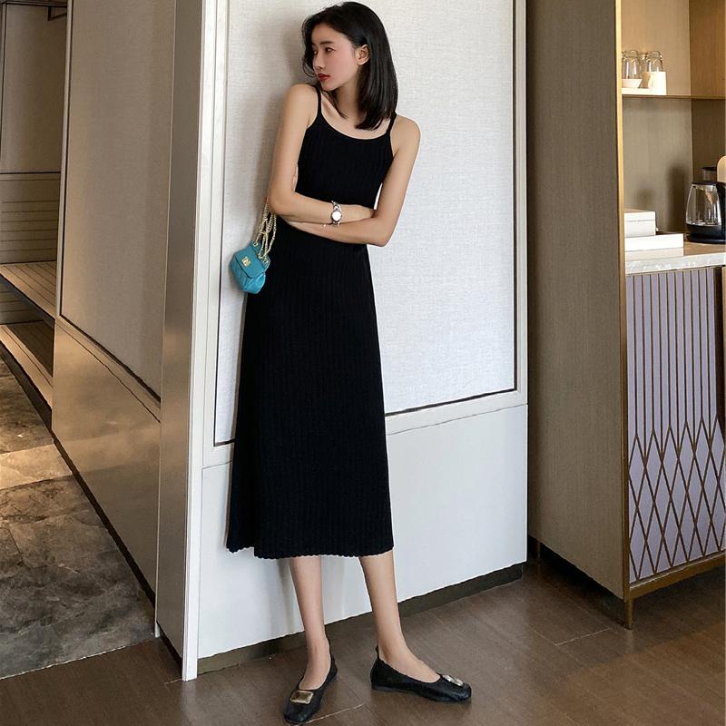 Đầm SUXI hai dây dệt kim màu trơn phong cách vintage thời trang mùa xuân dành cho nữ