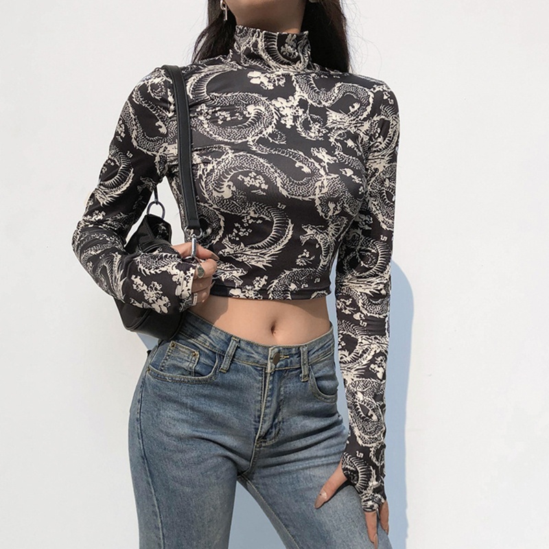 Áo Thun Lửng Tay Dài In Hình Rồng Cá Tính Cho Nữ