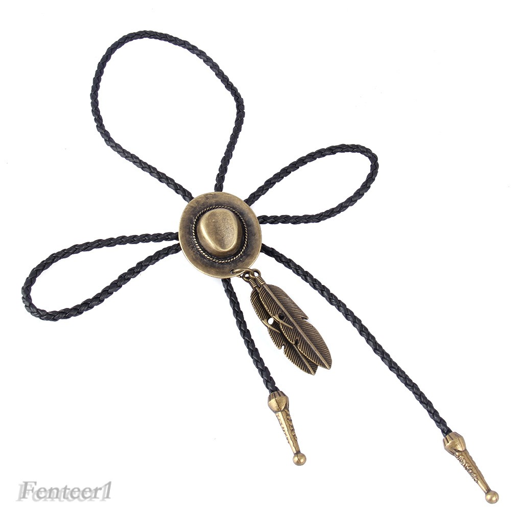 [FENTEER1] Western Cowboy Rodeo Bolo Tie Hat and Feather Pendant Black PU Rope Necktie