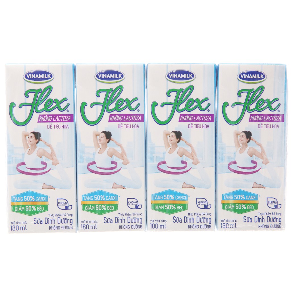 Lốc 4 hộp sữa không đường Vinamilk Flex không lactoza 180ml