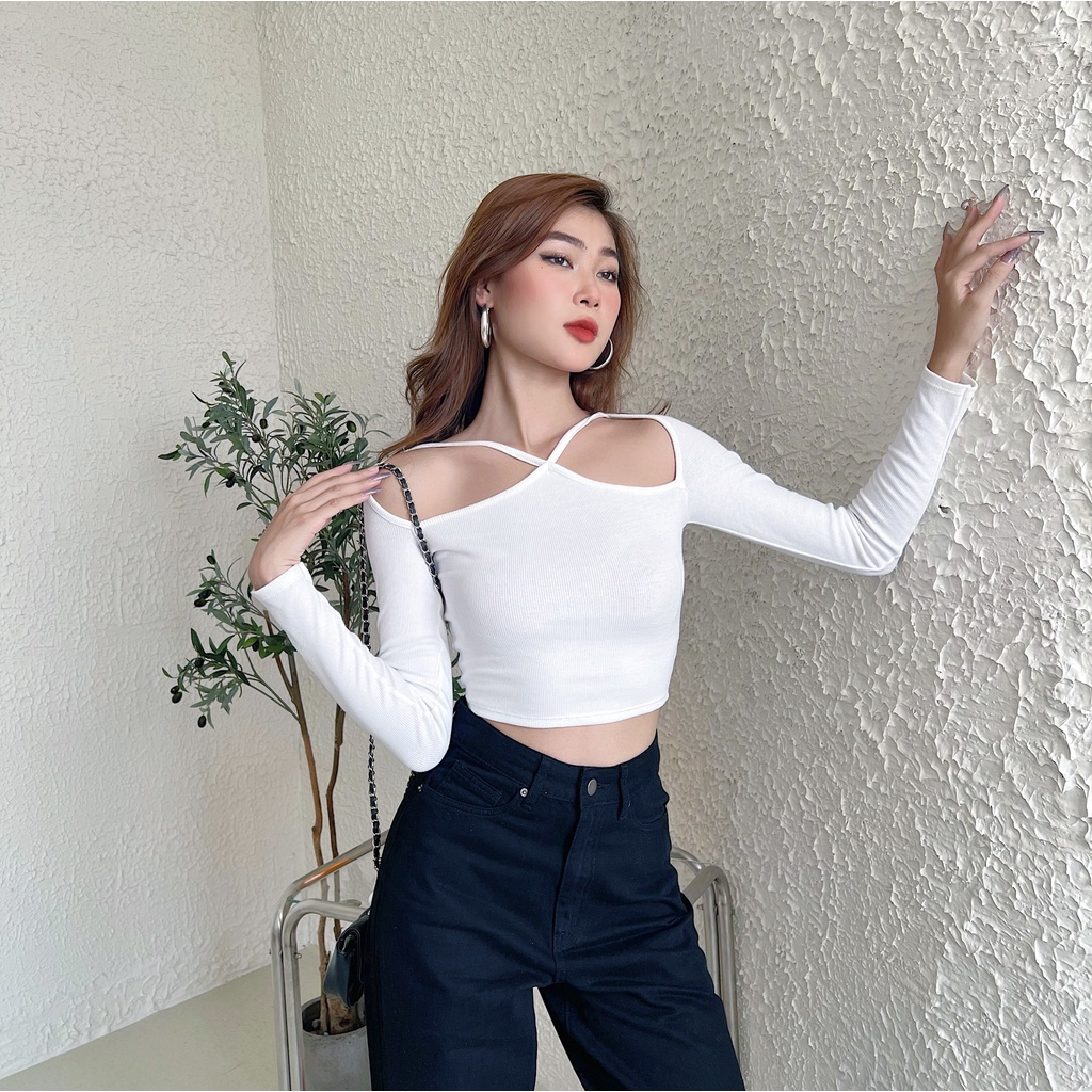 Áo croptop nữ tay dài TOPTIFY kiểu yếm hở vai dây chéo ngực High Standard Top A227