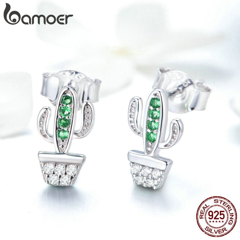 Bông tai Bamoer bạc 925 hình cây xương rồng đính đá kiểu dáng thời trang cho nữ