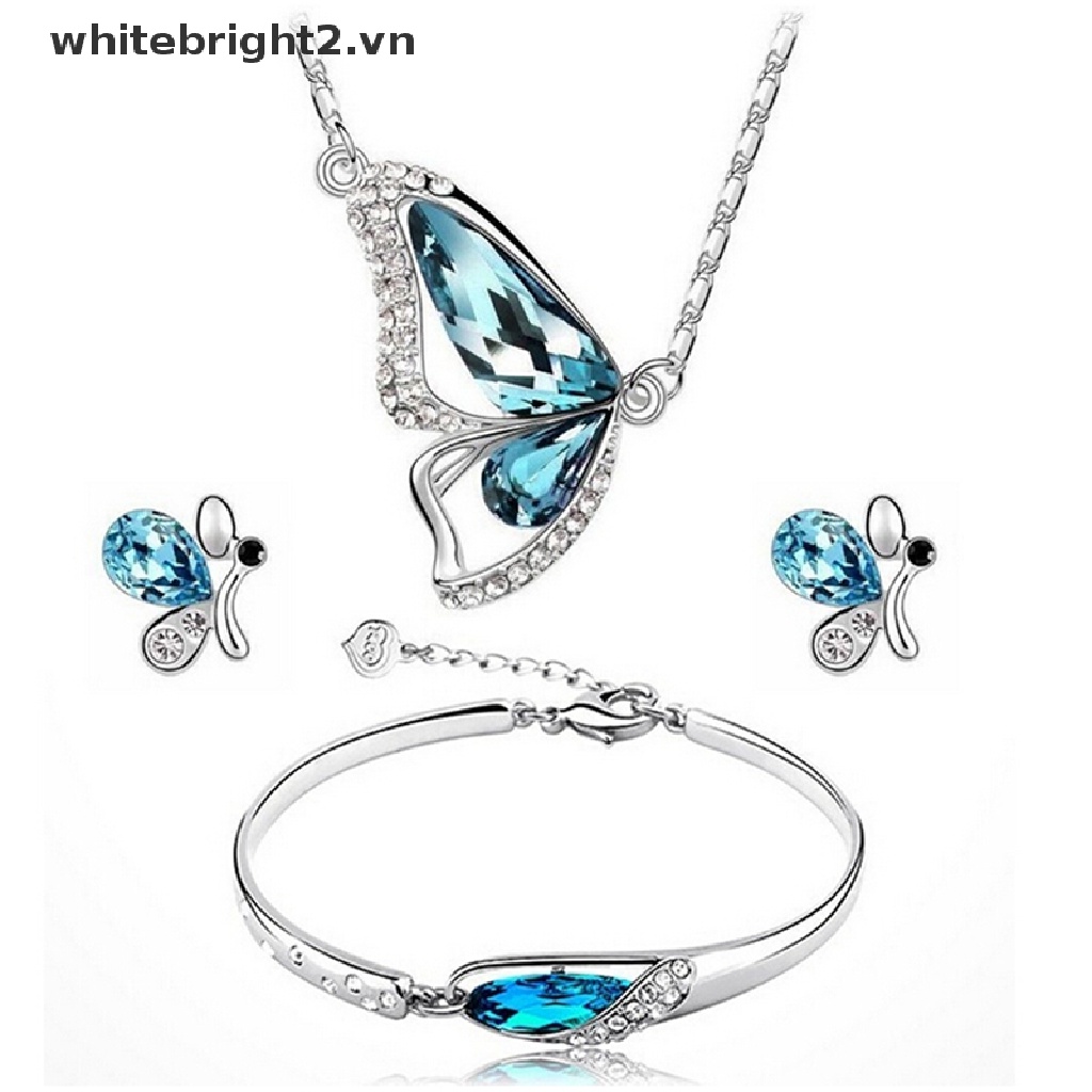 Set dây chuyền + bông tai đính pha lê màu xanh dương thời trang