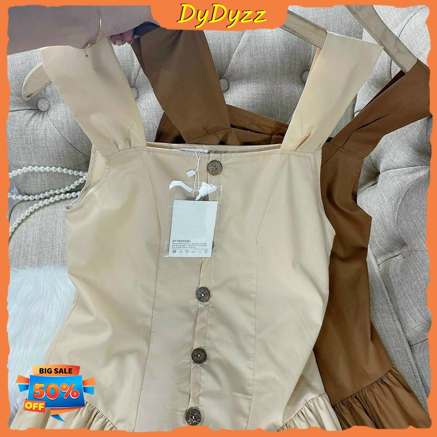 [Sales FreeShip] váy hai dây mặc đi chơi, đầm reto dáng xòe đính nút thanh lịch, váy basic Hàn Quốc hai dây