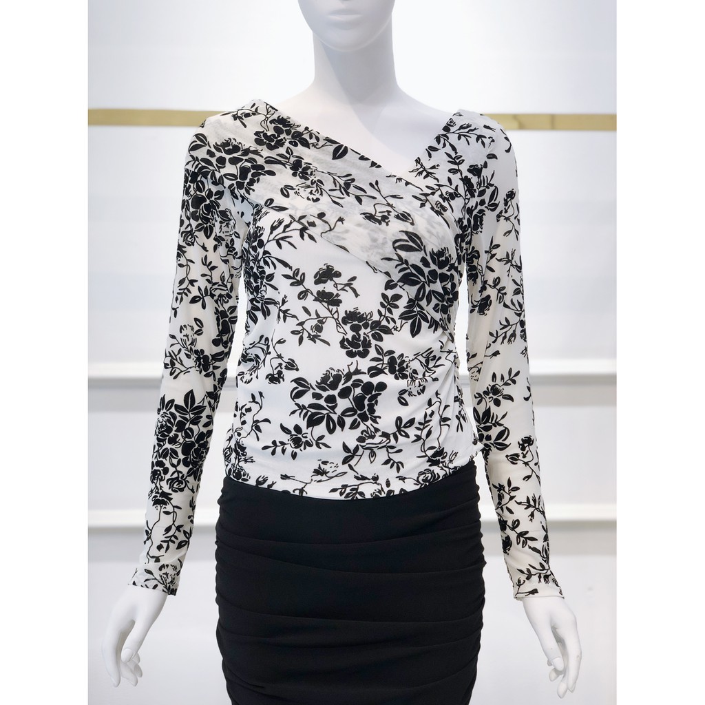Áo kiểu nữ voan thun, lệch vai, hoạ tiết đơn sắc trẻ trung Peony Design - HELEN HOA TOP