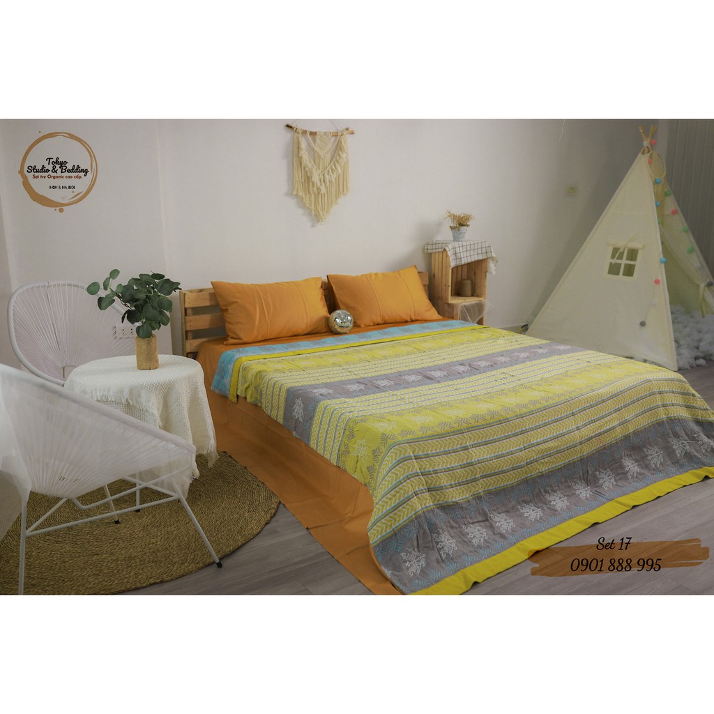 Set 17 _ Chăn Xô Cotton Sợi tre Organic dòng Basic &amp; Ga gối Lụa