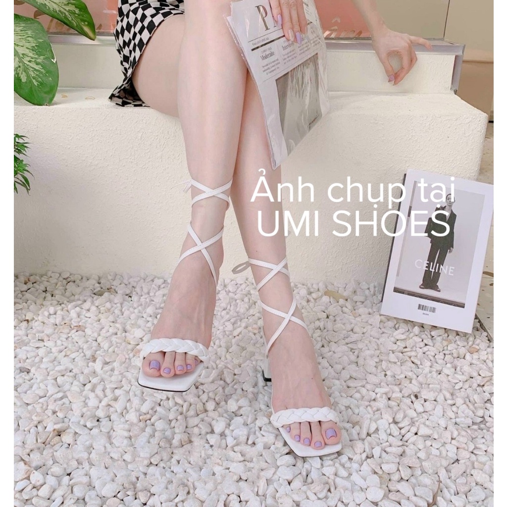 [LOẠI 1] Giày sandal cao gót 6cm quai ngang cột dây mảnh quấn chân xoắn tết thắt bím phồng kiểu mới hot trend mũi vuông