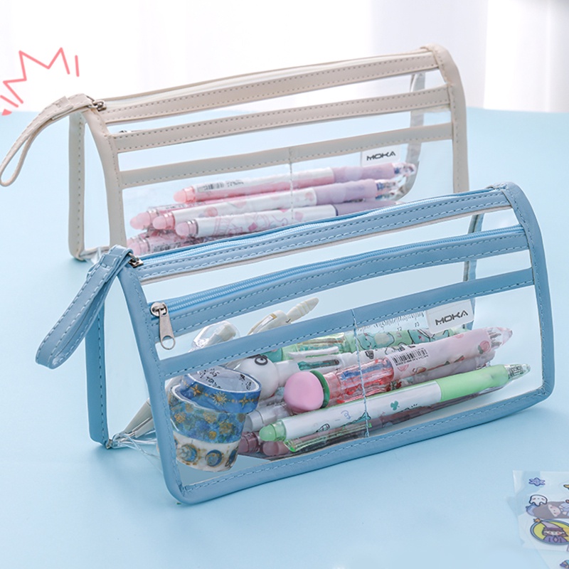 Túi Đựng Bút Hai Lớp Trong Suốt Chống Thấm Nước Kích Cỡ Lớn Đơn Giản Xinh Xắn