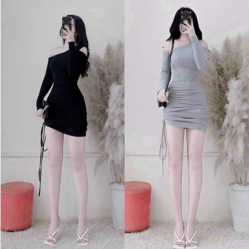 Váy đầm nữ body lệch vai rút dây hông kiểu dáng trẻ trung khoe dáng