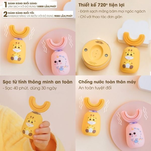 [Tặng kem] Brushie Kids-Bàn Chải Điện Trẻ Em Cao Cấp Chống Nước, chế độ Sáng-Tối, Khử Khuẩn Chăm Sóc Nứu-Nhạc Tiếng Việt