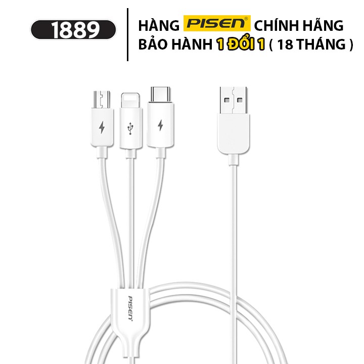 Cáp Sạc Pisen 3 trong 1 (Lightning / Type-C / Micro) 1200mm - Cáp Sạc 3 Trong 1 Sạc Cùng Lúc 3 Thiết Bị - AP07-1200
