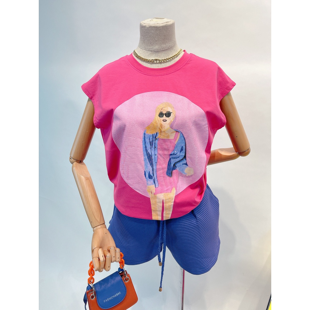 Áo thun nữ kiểu trễ vai in hình Girl Pink dress 2 màu hồng và vàng tươi chất  cotton 100% siêu mát mịn