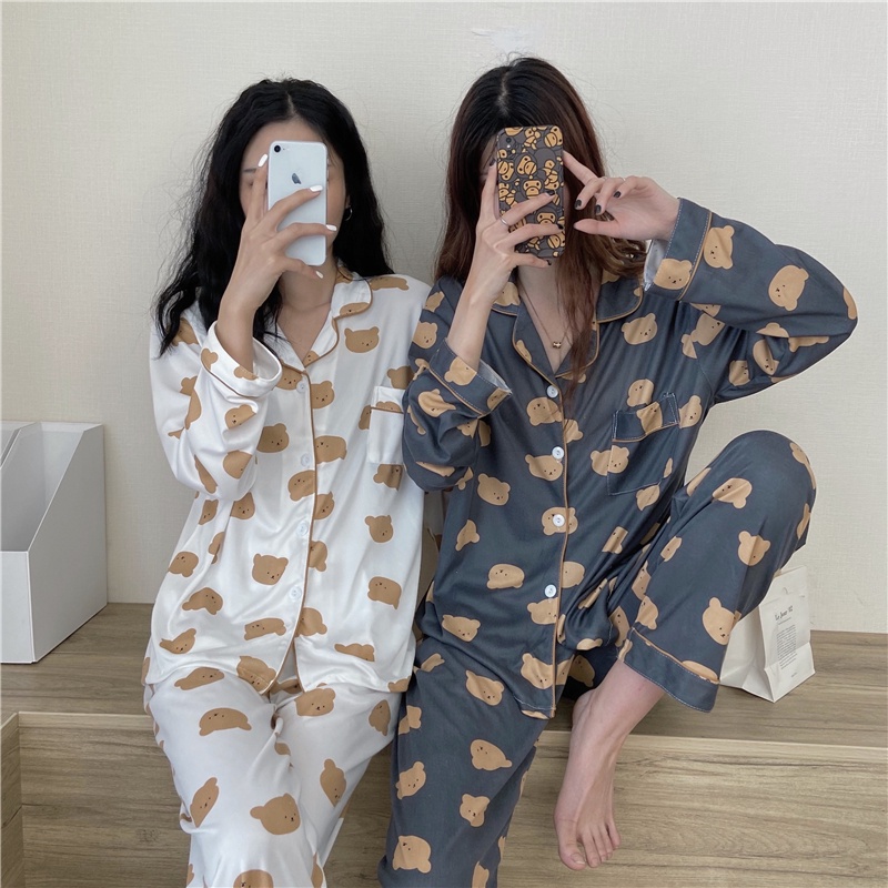 Bộ đồ ngủ cotton tay dài in hình gấu hoạt hình phong cách Hàn Quốc thời trang cho nữ