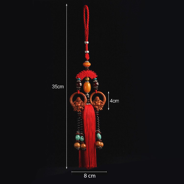 Dây treo phong thủy bằng gỗ gụ hình đôi Đức Phật Di Lặc kết hợp tua rua đỏ 201